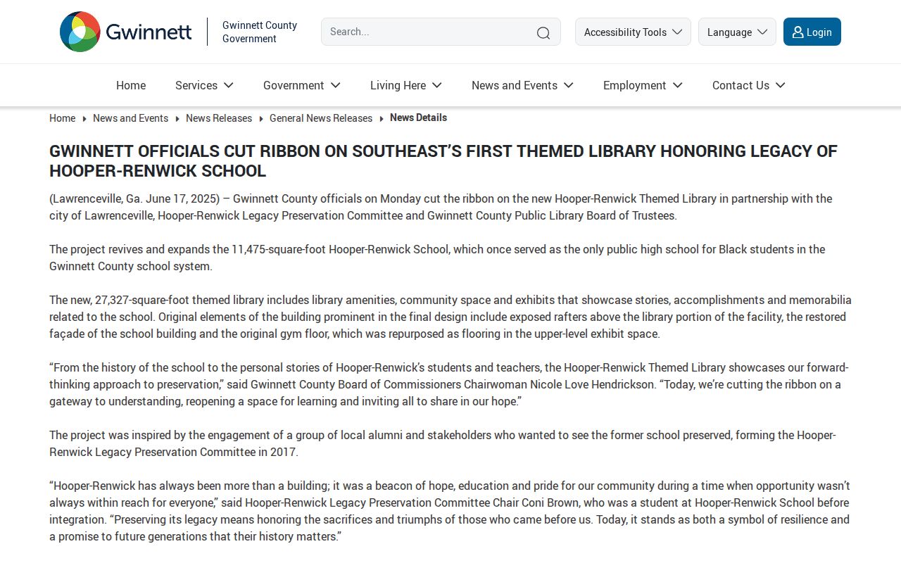 Gwinnett County announcement for the Hooper-Renwick themed library