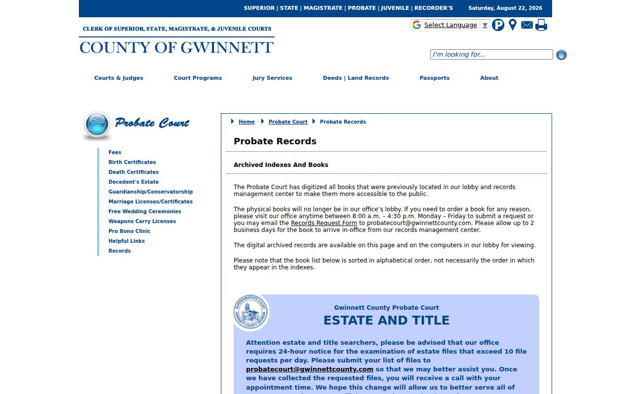 Gwinnett Probate Court records and archived indexes page
