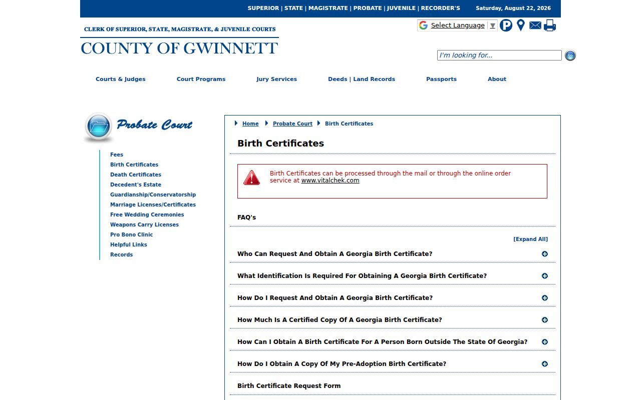 Gwinnett Probate Court birth certificate access page